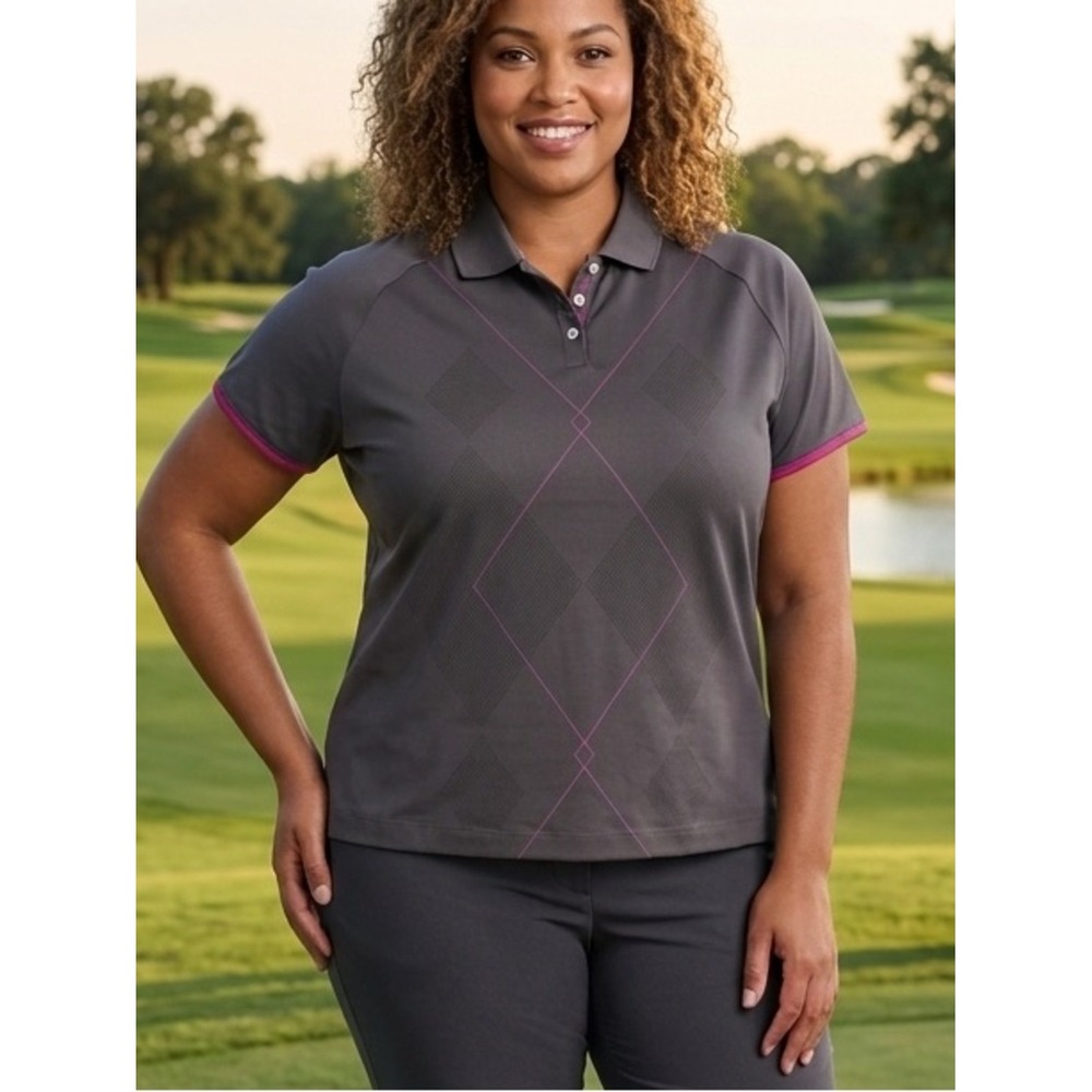 Nike Golf Dri-FIT Polo Shirt Womens XL Gray Pink Argyle Short Sleeve Performance
